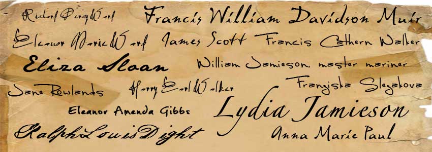 banner of signatures of selected ancestors on old, torn paper